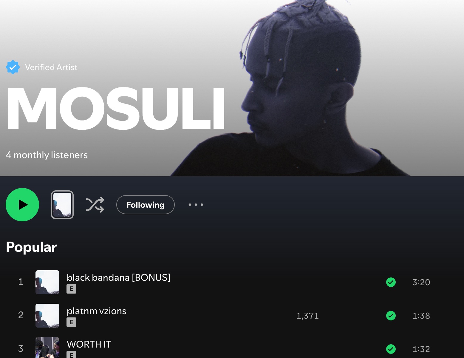 MOSULI Spotify Monthly Listeners: 4, January 2026